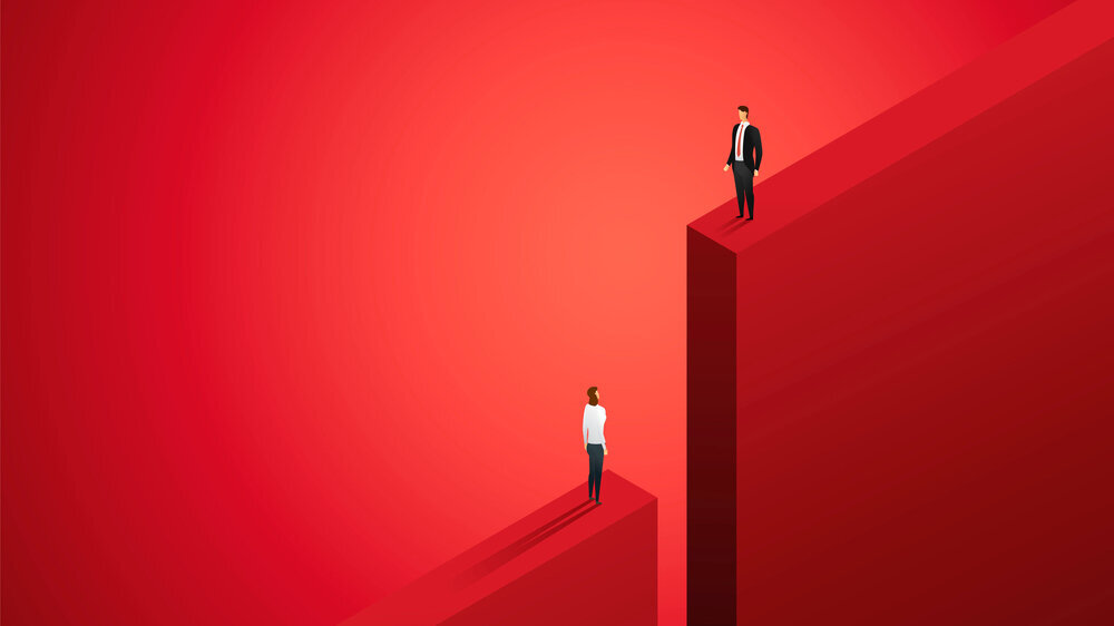 Businessman in a higher position than businesswoman This shows opportunities and gender inequality in the work profession. isometric vector illustration.