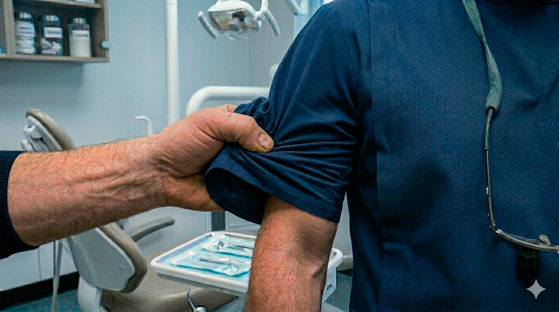 Patient packt Zahnarzt gewaltsam am Ärmel Patient packt Zahnarzt gewaltsam am Ärmel