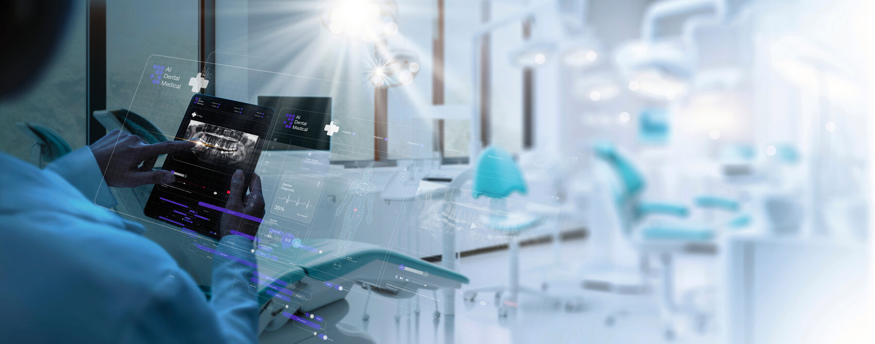 Dentist interacting with patient, use VR computer filling out charts schedule management for treatment with Ai technology for innovate different treatments,dental practices specifically. Dentist interacting with patient, use VR computer filling out charts schedule management for treatment with Ai technology for innovate different treatments,dental practices specifically.