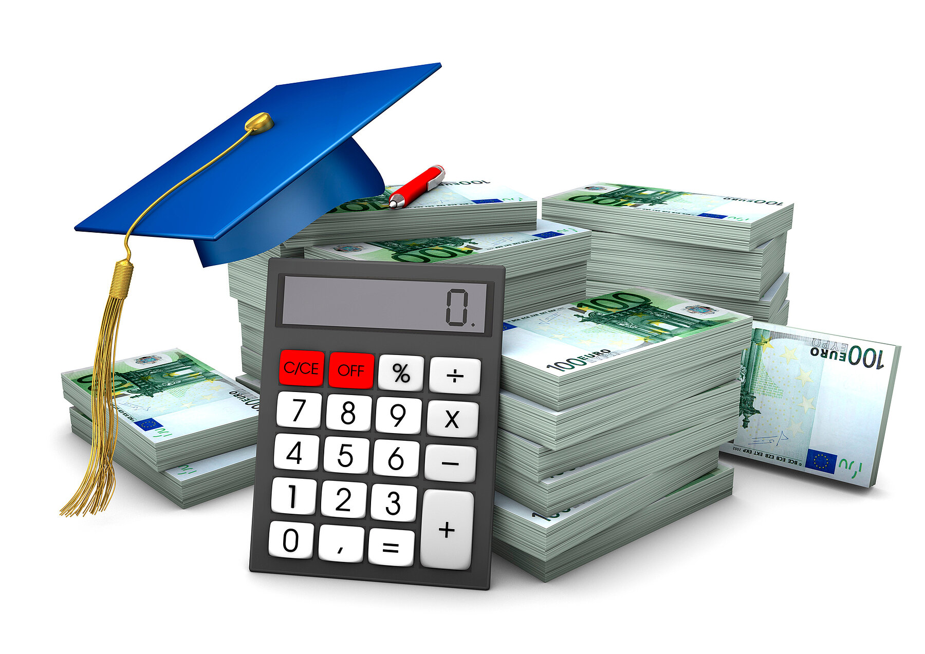 Education Investment Graduation cap with hundred euro notes and calculator.