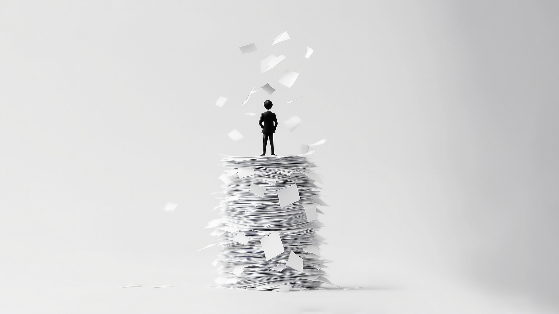 A mountain of office paper symbolizes bureaucracy and swallows a businessman. Bureaucracy dismantle - danger concept. A mountain of office paper symbolizes bureaucracy and swallows a businessman. Bureaucracy dismantle - danger concept.