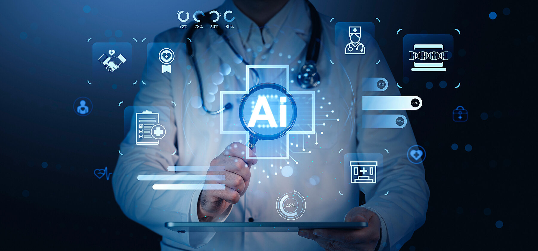Futuristic doctor using AI hologram interface for healthcare technology innovation and digital medical data analysis concept on blue background. Doctor interacting with glowing AI hologram icons related to healthcare and medical technology, futuristic style on a blue background, concept of tech