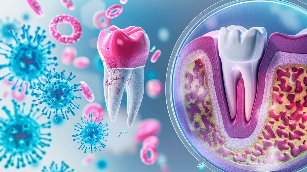 Detailed Illustration of Tooth Anatomy with Bacteria and Cells Highlighting Oral Health and Disease Interaction Parodontitis
