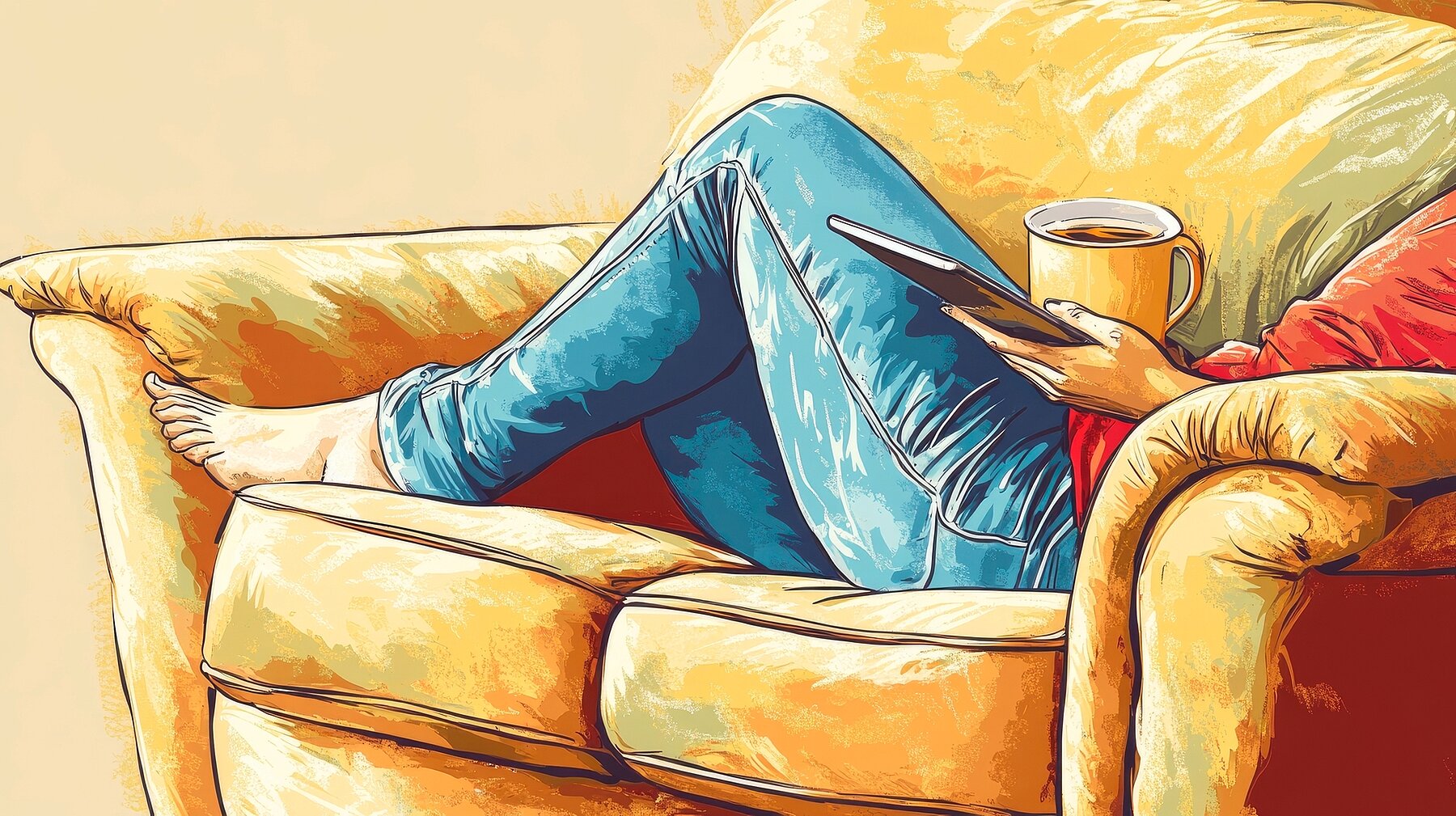Cozy Indoor Relaxation with Coffee and Tablet on Yellow Couch A serene moment of relaxation shows a person lounging on a yellow couch, enjoying coffee and using a tablet. The atmosphere is warm and inviting, perfect for leisure time.