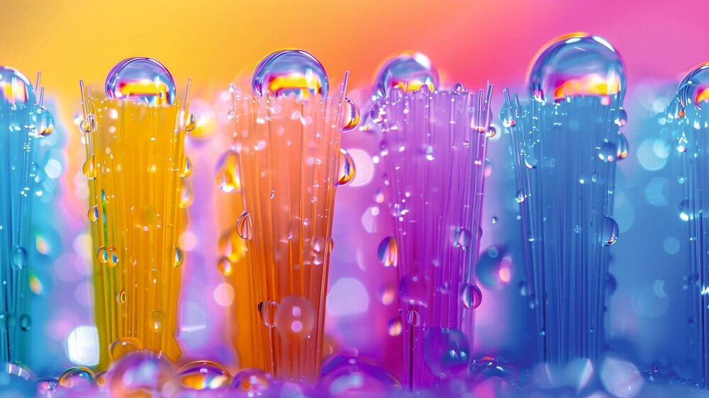 Close-up of toothbrush bristles with colorful hues and water droplets, AI-generated. Zahnbürste