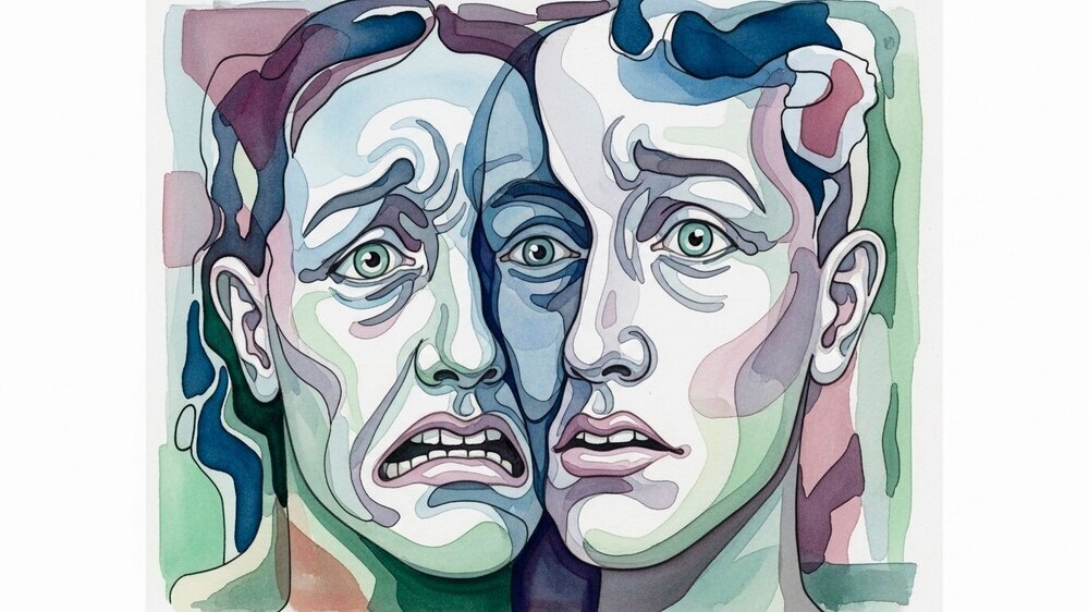 An abstract representation of mental health disorders, featuring two faces with contrasting expressions of fear and sadness. The artwork symbolizes schizophrenia and anxiety. Schizophrenie