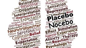 Placebo and Nocebo Word Cloud. Essential terms on psychological effects, medical treatments, perception, and research influencing health and behavior.