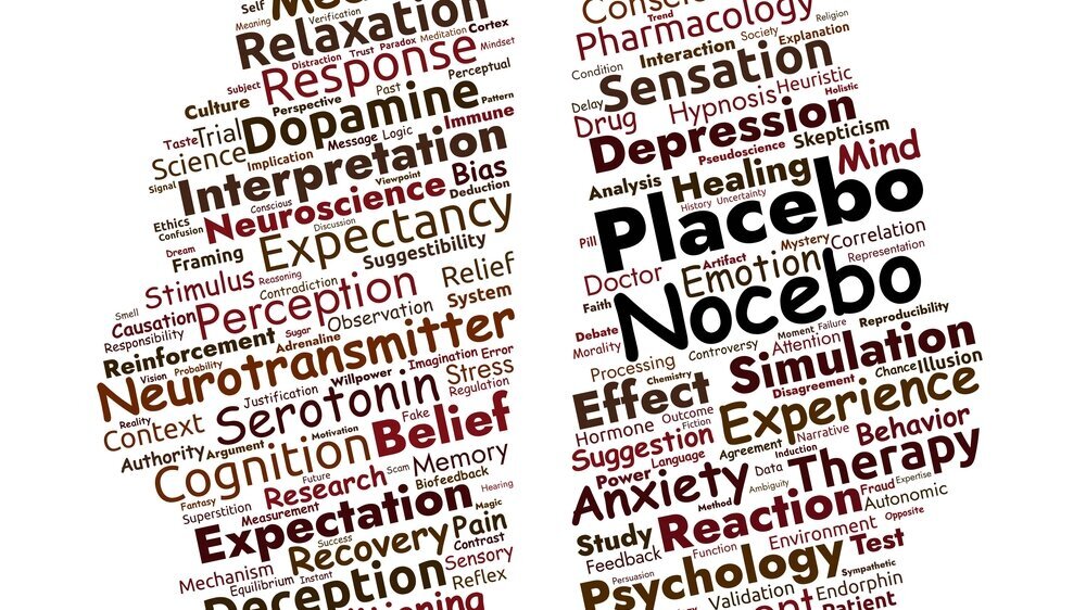 Placebo and Nocebo Word Cloud. Key Psychological Effects, Research, and Medical Insights Placebo and Nocebo Word Cloud. Essential terms on psychological effects, medical treatments, perception, and research influencing health and behavior.