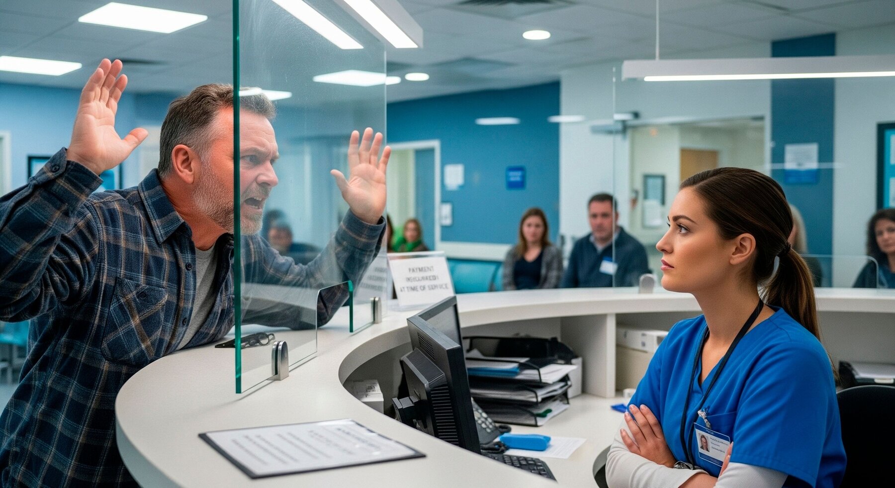 An agitated patient argues with a nurse at a hospital reception desk, creating a tense scene