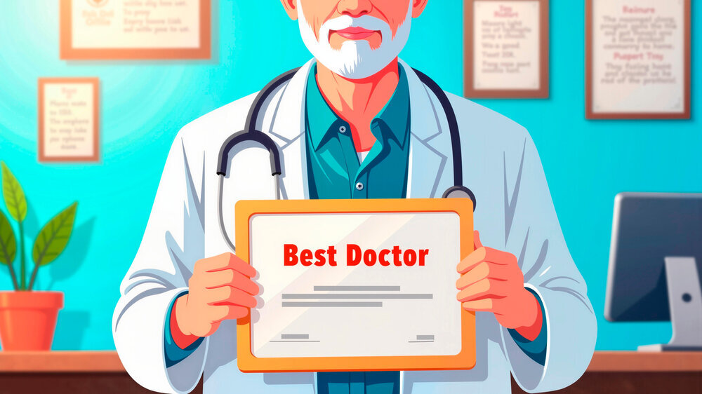 Elderly doctor holding certificate labeled Best Doctor in office setting
